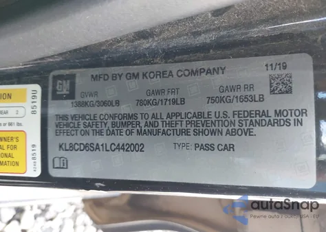 2020 Chevrolet Spark Fwd 1Lt Automatic z USA, uszkodzony, nr VIN KL8CD6SA1LC442002